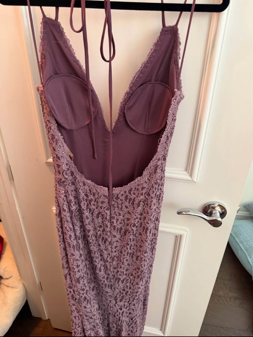 Jovani Mauve Lace Mermaid Gown with Spaghetti Straps - Picture 5 of 7